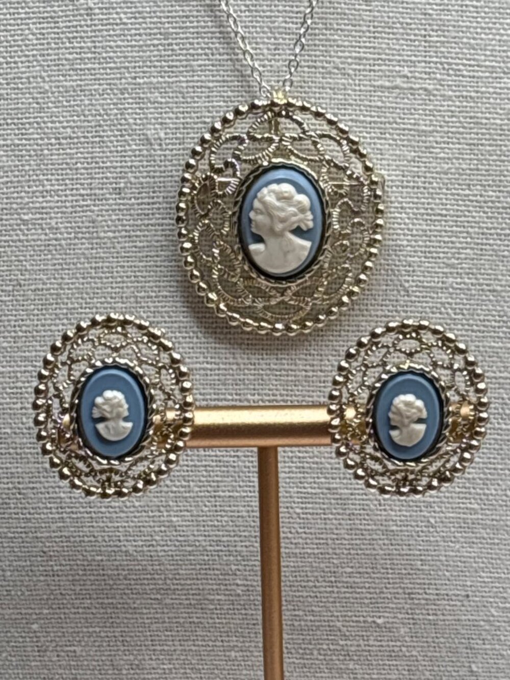 Something Blue | Bridal Cameo Set | Silver Filagree, Brooch/Necklace & Earring S